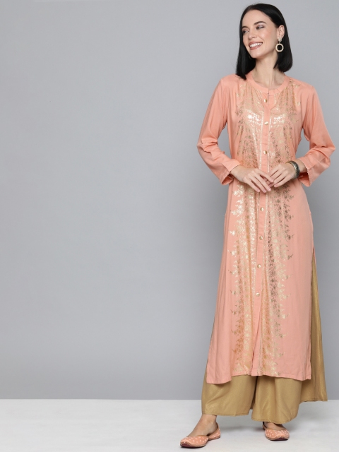 

HERE&NOW Women Pink & Gold-Toned Printed Straight Kurta