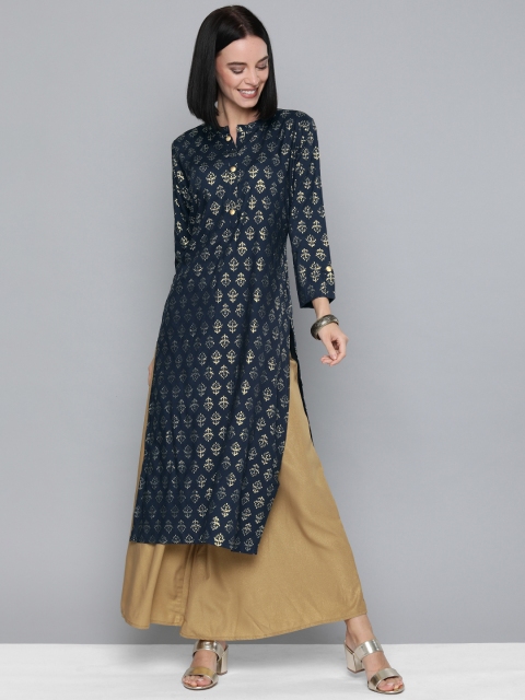 

HERE&NOW Women Black & Gold-Toned Printed Straight Kurta, Na