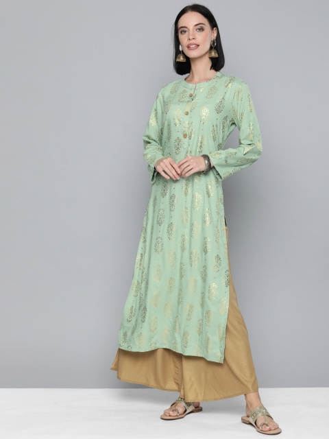 

HERE&NOW Women Sea Green & Gold-Toned Printed Straight Kurta