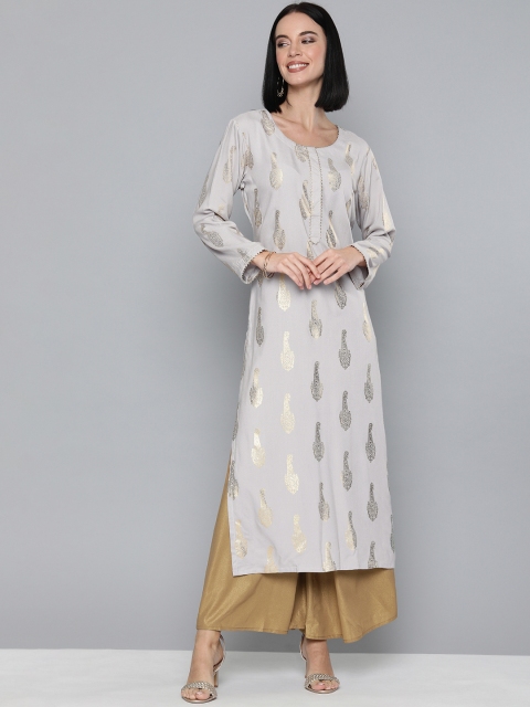 

HERE&NOW Women Grey Foil Printed Straight Kurta