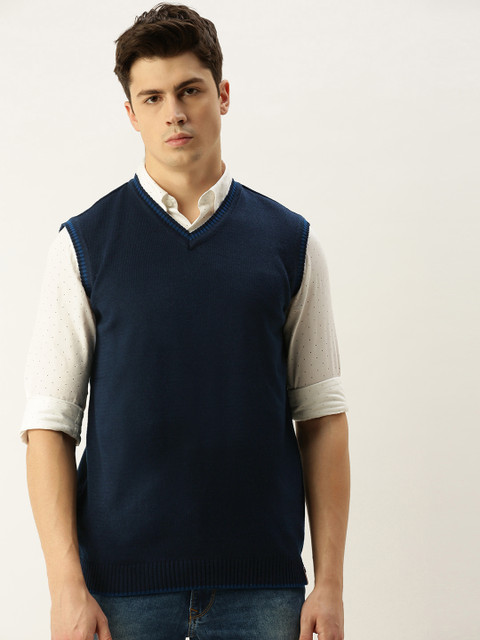 

Peter England Men Navy Blue Solid Sweater Vest Sweater