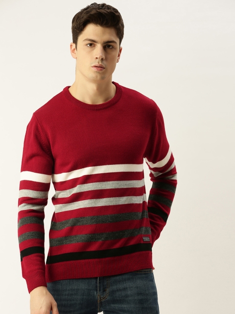 

Peter England Men Maroon & White Striped Pullover Sweater