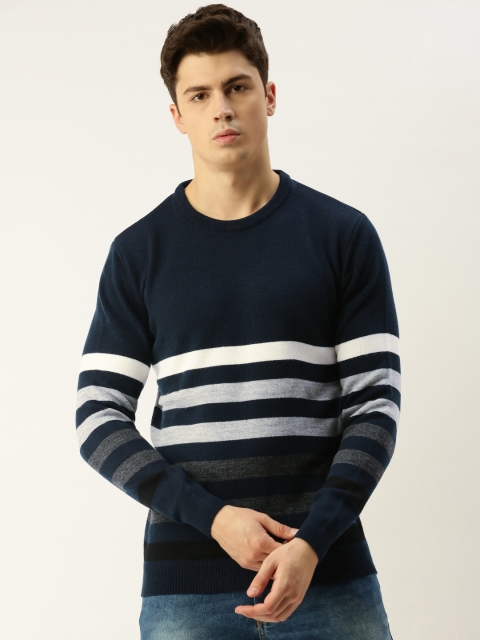 

Peter England Men Navy Blue & White Striped Pullover Sweater