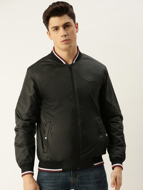 

Peter England Men Black Solid Windcheater and Water Resistant Bomber Jacket