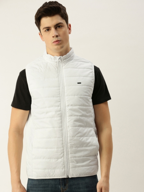 

Peter England Men White Striped Windcheater and Water Resistant Padded Jacket