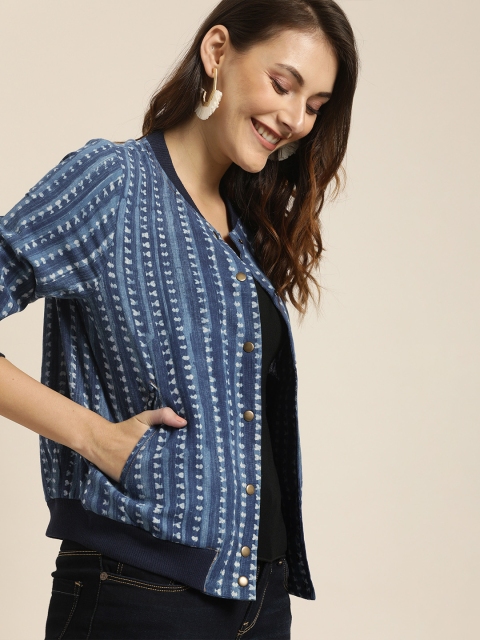 

Taavi Women Blue & White Indigo Dyed & Hand Block Print Bomber Jacket