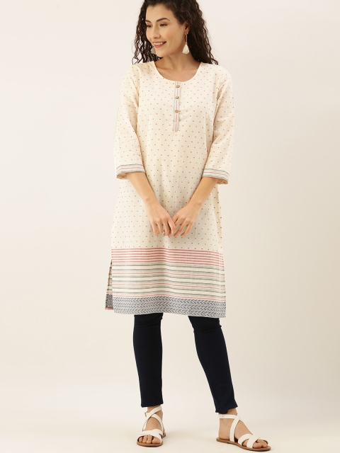 

Taavi Women Off-White Woven Legacy Straight Kurta with Button-Detail