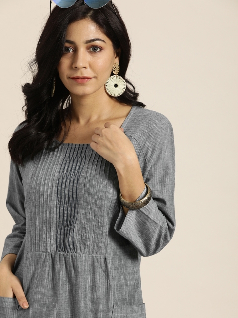

Taavi Women Grey Woven Legacy A-Line Pleated Kurta with Pockets