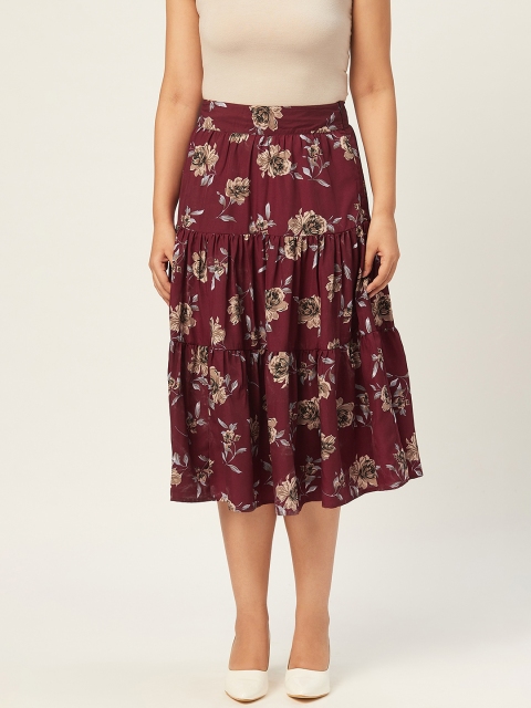 

Alsace Lorraine Paris Women Burgundy & Beige Floral Print Tiered Skirt