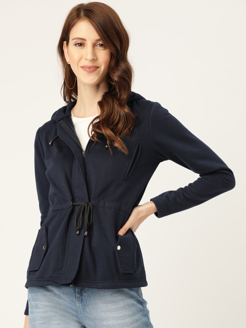 

Alsace Lorraine Paris Women Navy Blue Solid Hooded Sweatshirt with Tie-Ups