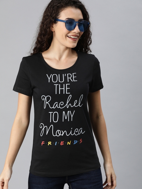 

Huetrap Women Black Printed Round Neck Pure Cotton T-shirt