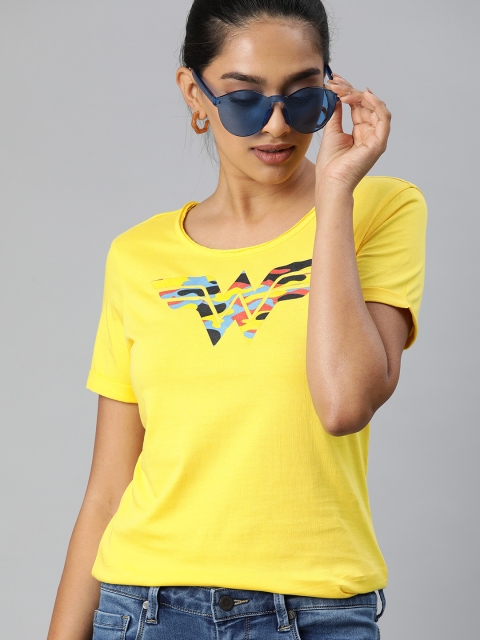

Huetrap Women Yellow Wonder Women Printed Round Neck Pure Cotton T-shirt