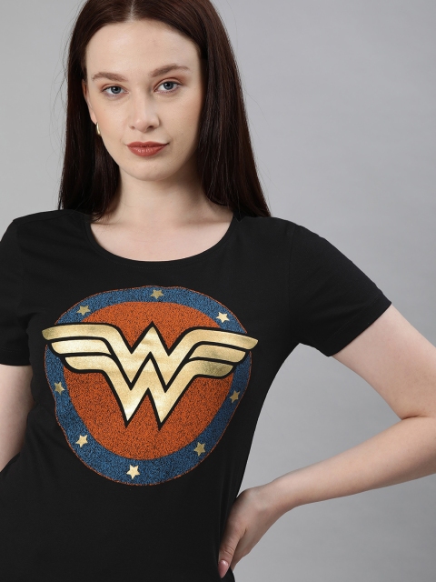 

Huetrap Women Black Printed WONDER WOMEN Round Neck T-shirt