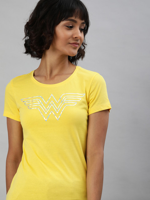 

Huetrap Women Yellow Wonder Women Printed Round Neck Pure Cotton T-shirt