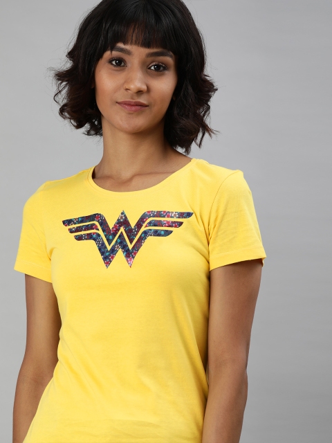

Huetrap Women Yellow Wonder Women Printed Round Neck Pure Cotton T-shirt