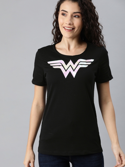 

Huetrap Women Black Wonder Women Printed Round Neck Pure Cotton T-shirt