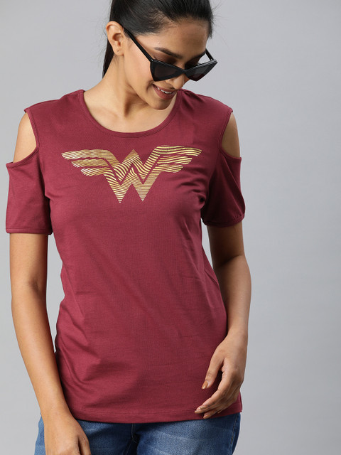 

Huetrap Women Maroon Wonder Women Printed Round Neck Cold-Shoulder Pure Cotton T-shirt