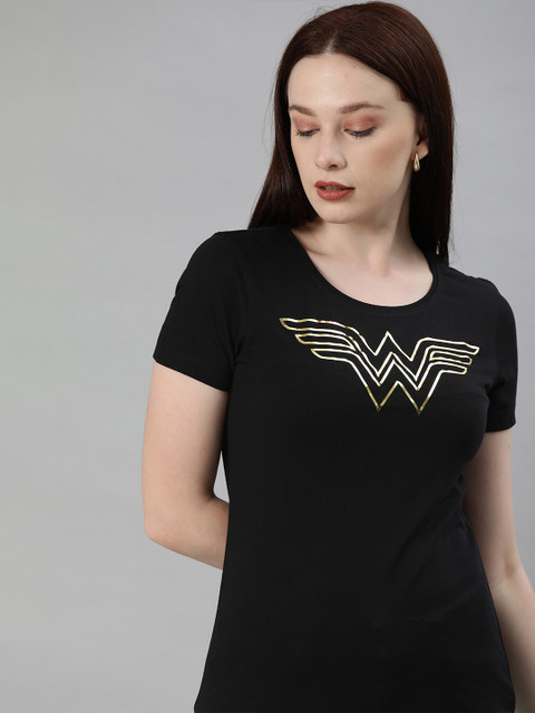 

Huetrap Women Black Wonder Women Printed Round Neck Pure Cotton T-shirt