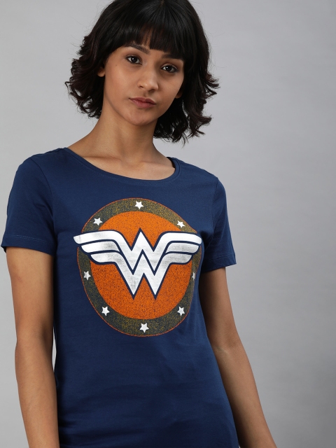 

Huetrap Women Navy Blue Wonder Women Printed Round Neck Pure Cotton T-shirt
