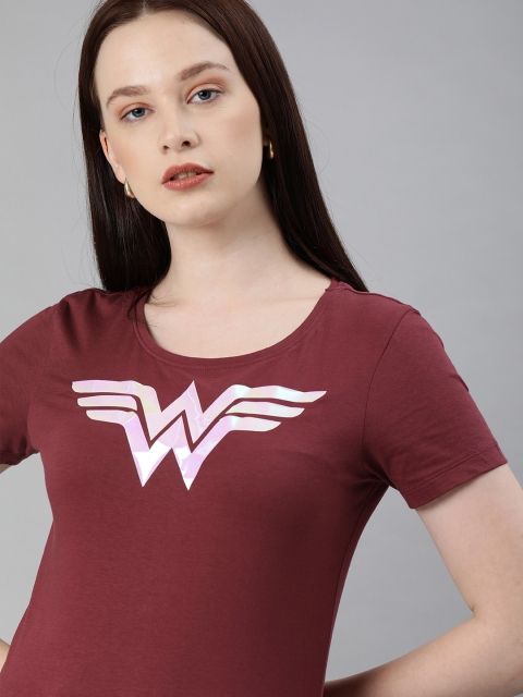 

Huetrap Women Burgundy Printed WONDER WOMEN Round Neck T-shirt