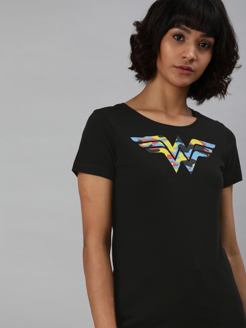 

Huetrap Women Black Wonder Women Printed Round Neck Pure Cotton T-shirt