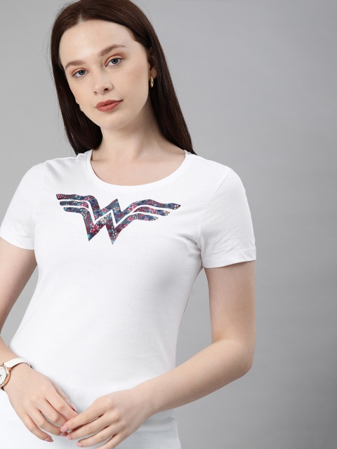 

Huetrap Women White Printed WONDER WOMEN Round Neck T-shirt