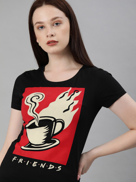 

Huetrap Women Black FRIENDS Printed Round Neck Pure Cotton T-shirt