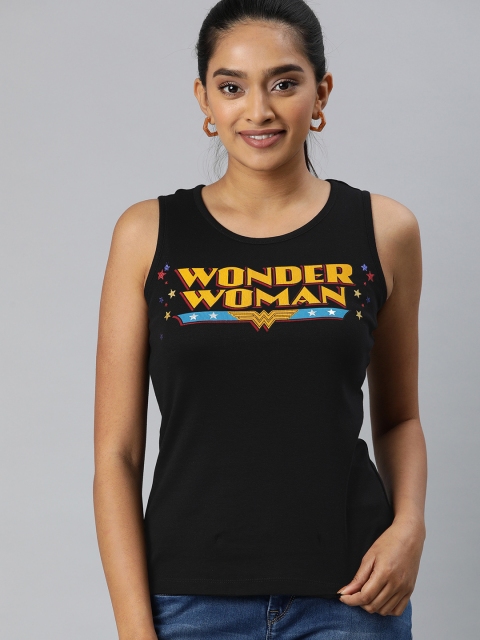 

Huetrap Women Black Wonder Women Striped Round Neck Pure Cotton T-shirt