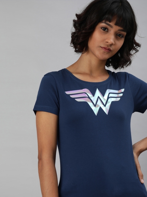 

Huetrap Women Blue Printed WONDER WOMEN Round Neck T-shirt