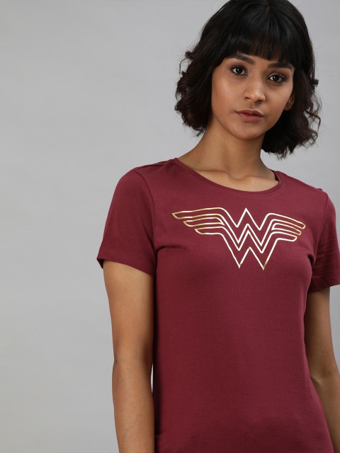 

Huetrap Women Maroon Wonder Women Printed Round Neck Pure Cotton T-shirt