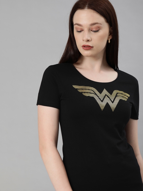 

Huetrap Women Black Wonder Woman Printed Round Neck T-shirt