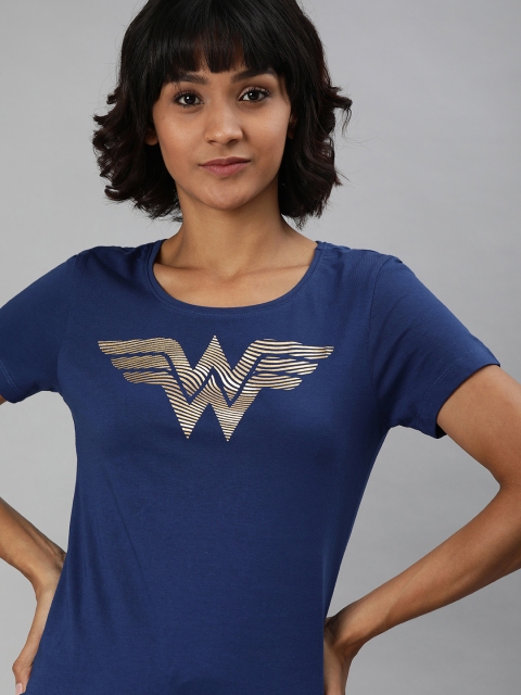 

Huetrap Women Navy Blue Wonder Women Printed Round Neck Pure Cotton T-shirt