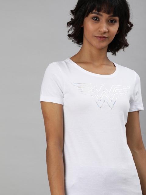

Huetrap Women White Wonder Women Printed Round Neck Pure Cotton T-shirt