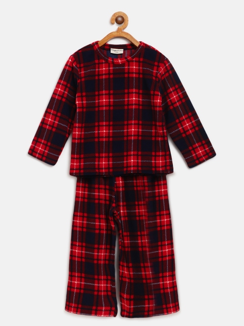 

CrayonFlakes Girls Red & Navy Blue Checked Fleece Night Suit