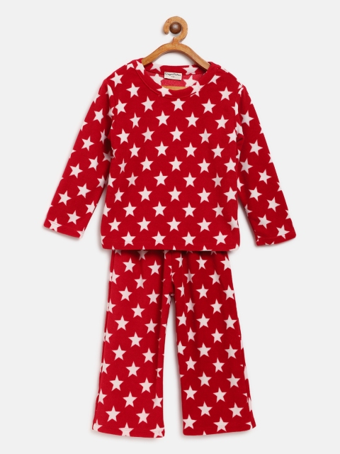 

CrayonFlakes Girls Red & White Star Print Fleece Night Suit