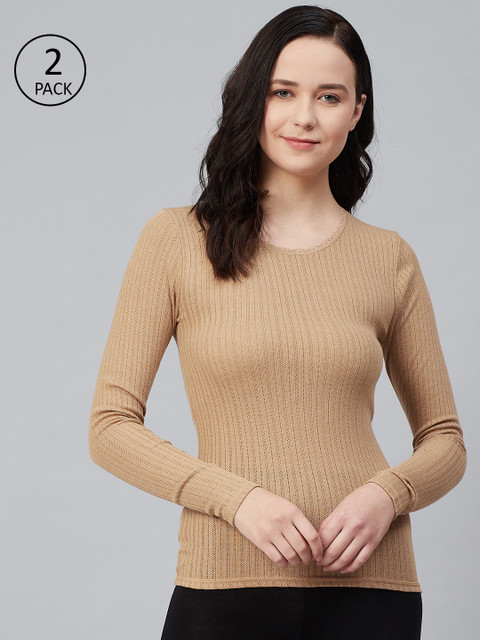 

Marks & Spencer Women Pack of 2 Beige Self Striped Thermal Tops