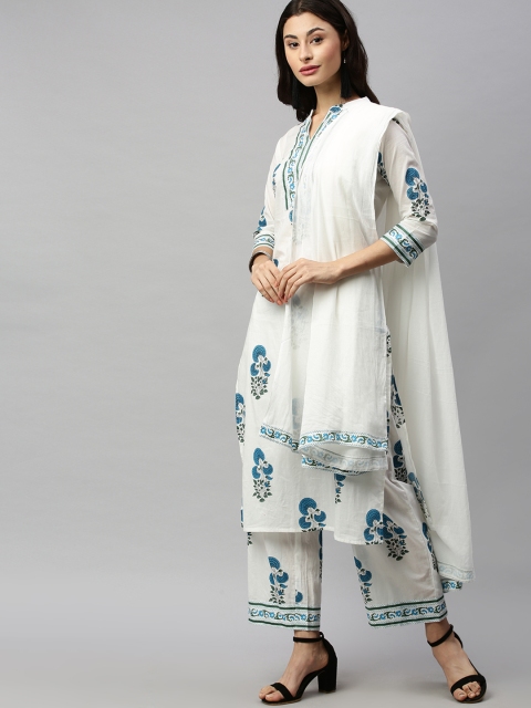 

Aprique FAB Women White & Blue Printed Kurta with Trousers & Dupatta