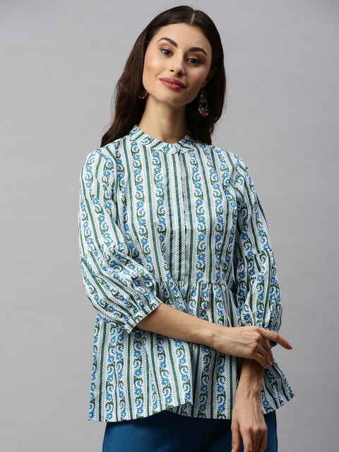 

Aprique FAB Women White & Blue Printed A-Line Top