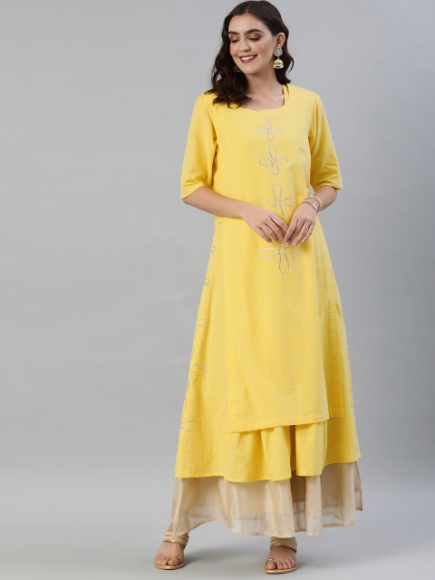 

Aprique FAB Women Yellow Embroidered A-Line Kurta With Jacket