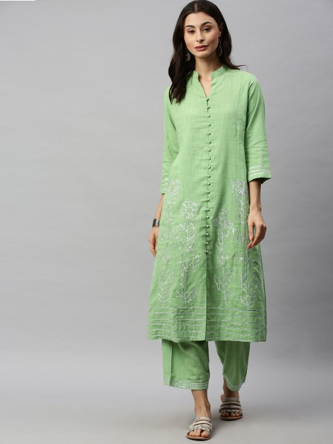 

Aprique FAB Women Green Embroidered Kurti with Palazzos