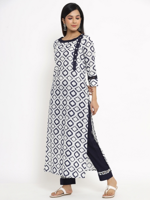 

Aprique FAB Women White & Navy Blue Printed Kurta with Trousers