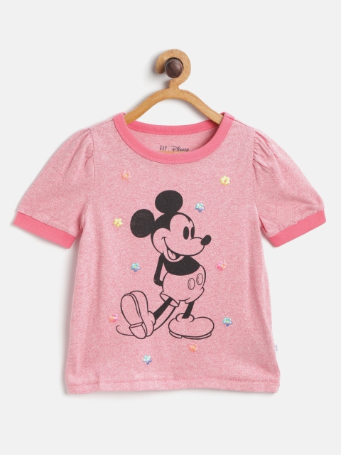 

GAP Girls Pink & Black Mickey Mouse Print Cotton Puff Sleeves T-shirt