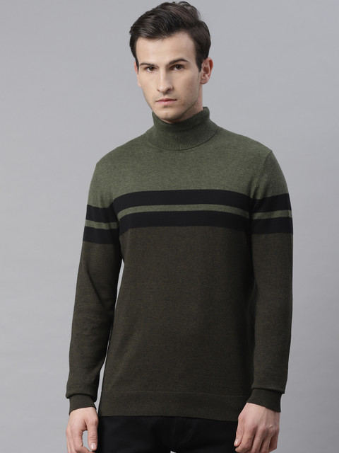 

Marks & Spencer Men Olive Green & Black Striped Turtle Neck Pullover