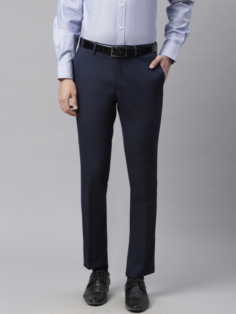 

Marks & Spencer Men Navy Blue Skinny Fit Self-Striped Formal Trousers