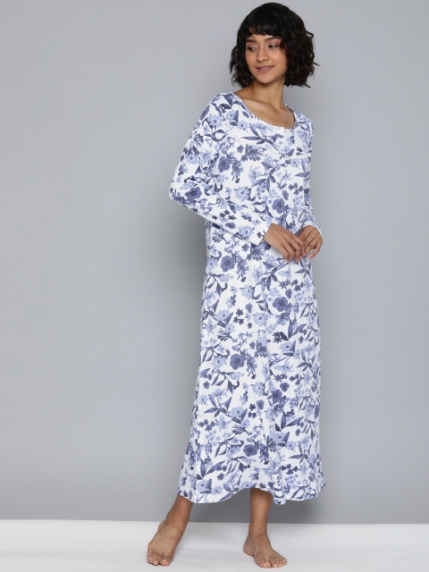 

HERE&NOW White & Blue Floral Printed Nightdress