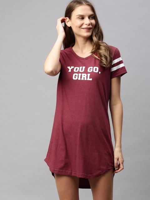 

HERE&NOW Maroon White Typography Print Sleep Shirt with Striped Detail