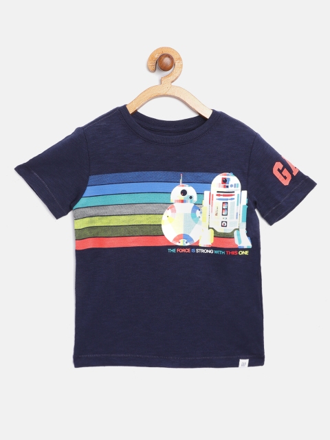 

GAP Boys Navy Blue & Yellow Striped Star Wars BB-8 Droid Cotton T-shirt