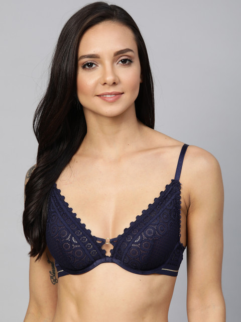 

Marks & Spencer Navy Blue Lace Underwired Non Padded Plunge Bra T817729N
