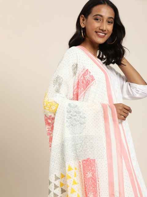 

Taavi White & Peach-Coloured Sanganeri Block Floral Printed Sustainable Cotton Dupatta