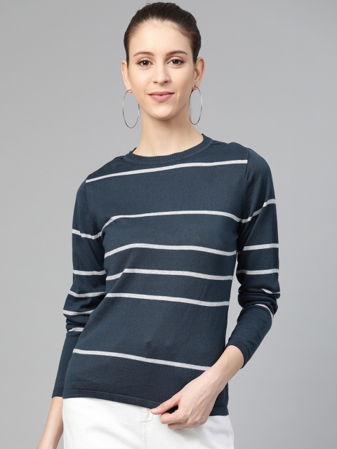 

Allen Solly Woman Navy Blue & White Striped Pullover